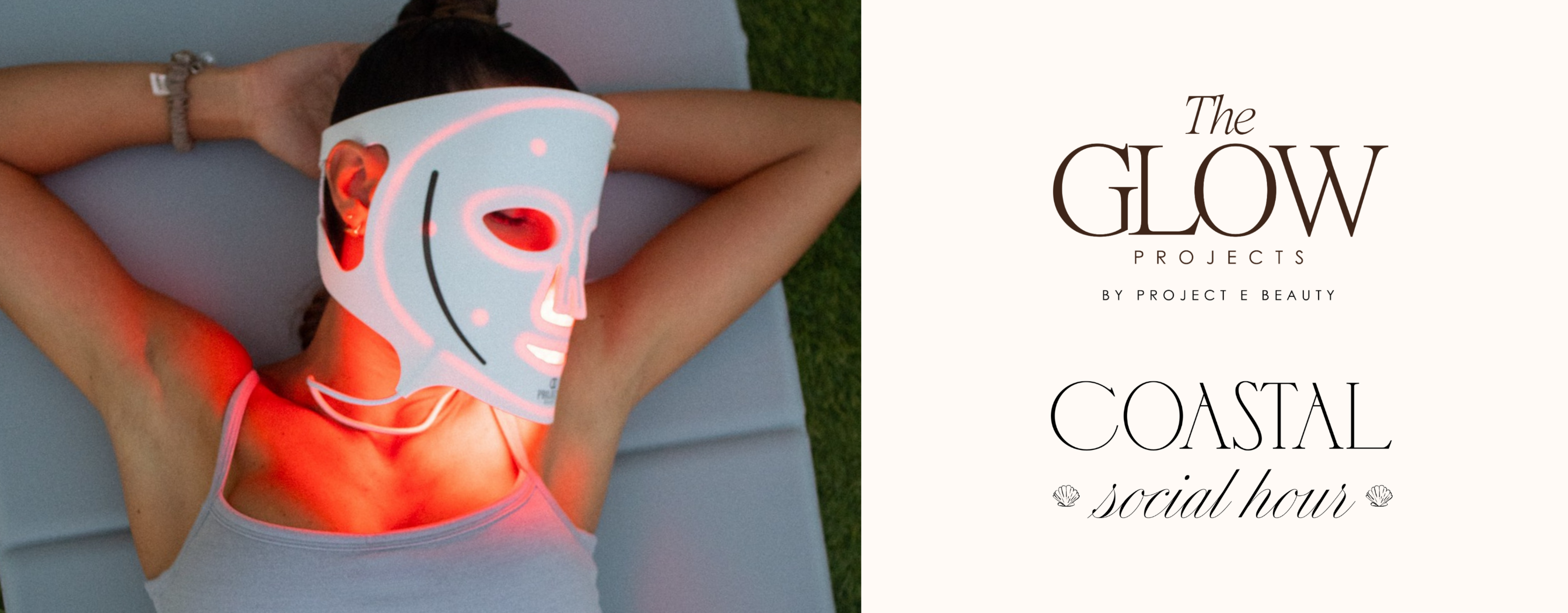 Woman relaxing on yoga mat wearing Project E Beauty red light therapy masks for post-workout skin recovery